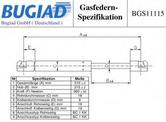 Газова пружина, кришка багажника BUGIAD BGS11115